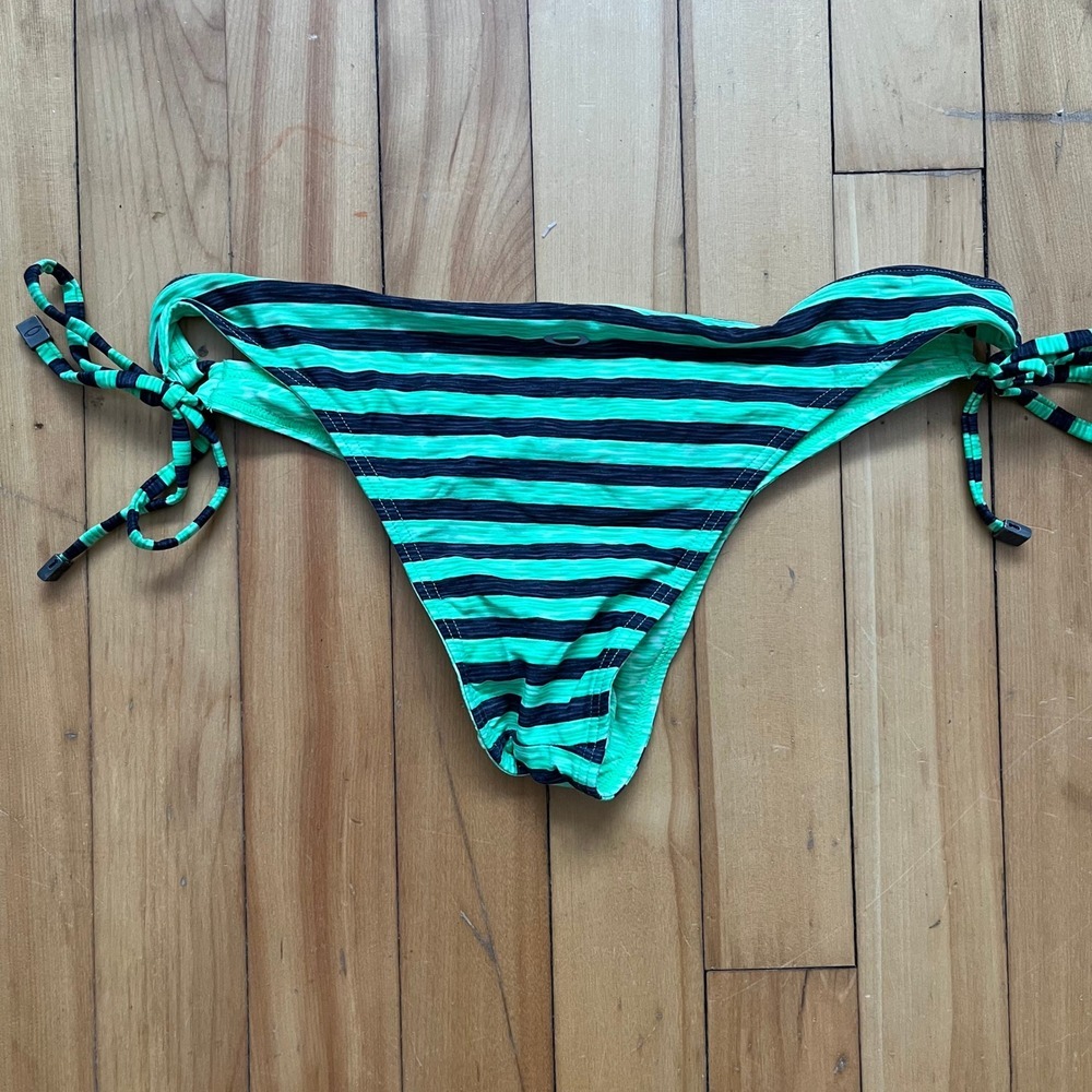 Oakley Womens Neon Green and Grey Striped Side Tie Bikini Bottoms Sport Low Rise